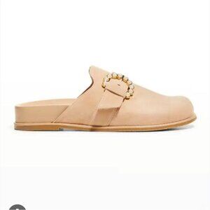 STUART WEITZMAN | Piper Pearly Buckle Suede Mules Beige Sz 8.5B